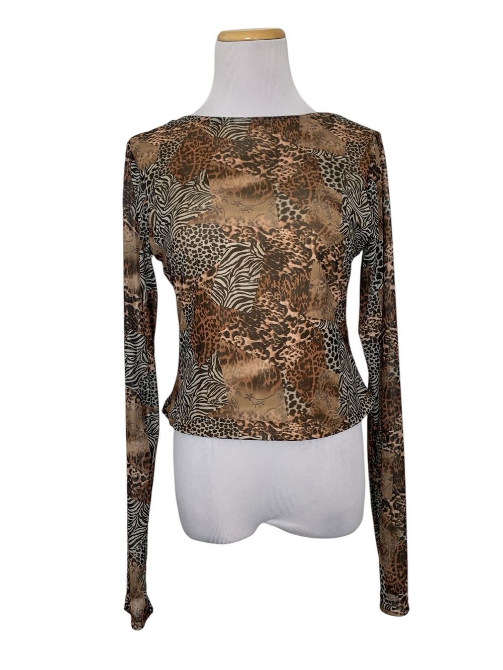 Princess Polly Animal Print Patchwork Mesh Top Womens 10 Brown Long Sleeve Retro